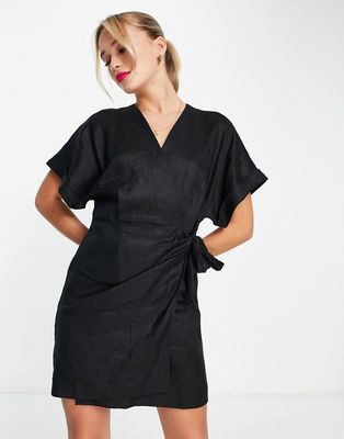 & Other Stories linen mini wrap dress in black