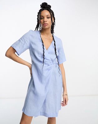 & Other Stories linen mix mini wrap dress in blue