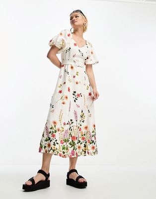 & Other Stories linen puff sleeve belted midaxi dress in floral print-Multi