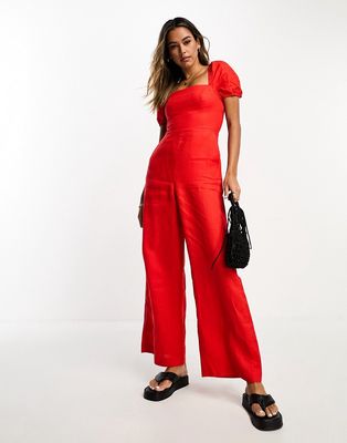 & Other Stories linen puff sleeve jumpsuit in red