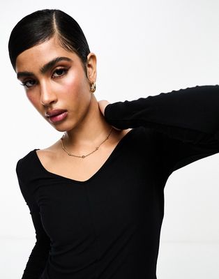 & Other Stories long sleeve double v neck detail neck top in black