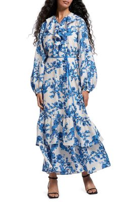 & Other Stories Long Sleeve Floral Print Ruffle Dress in Blue/White Flower Aop