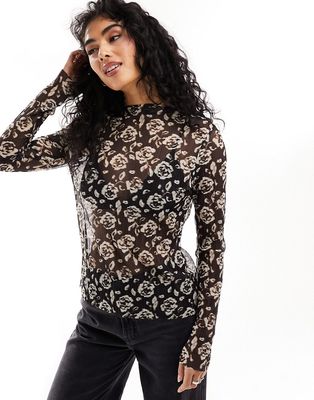 & Other Stories long sleeve mesh top in floral lace jacquard-Black