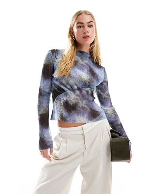 & Other Stories long sleeve mesh top with asymmetric bodice in blurred inky print-Blue