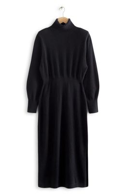 & Other Stories Long Sleeve Padded Shoulder Turtleneck Wool Sweater Dress in Black