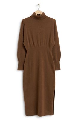 & Other Stories Long Sleeve Padded Shoulder Turtleneck Wool Sweater Dress in Brown