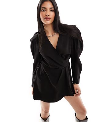 & Other Stories long sleeve wrap mini dress with extended shoulders in black