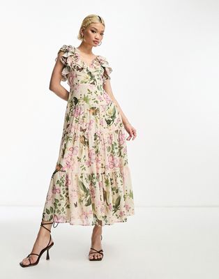 & Other Stories maxi dress with ruffle shoulder detail in floral print-Multi