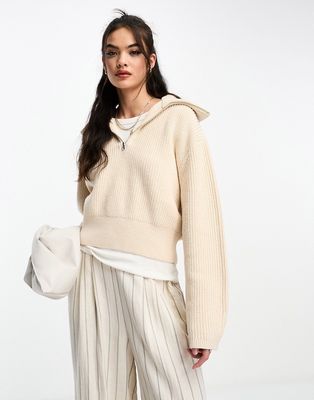 & Other Stories merino wool blend knitted chunky rib half zip sweater in ecru melange-White