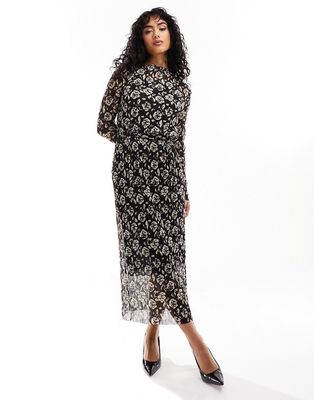 & Other Stories mesh midaxi column dress in floral lace jacquard-Black