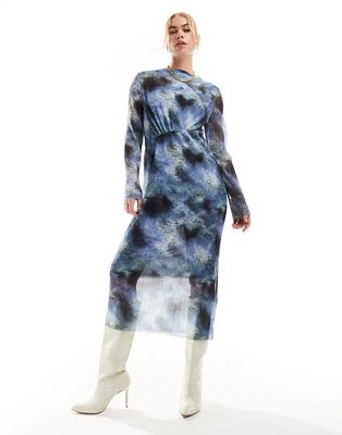 & Other Stories mesh midi dress with asymmetric bodice in blurred inky print-Multi