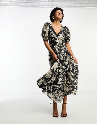 & Other Stories midaxi dress in black oversize floral
