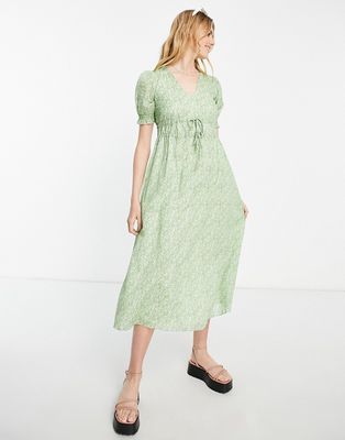 & Other Stories midi dress with drawstring waist and puff sleeves in pretty floral-Green