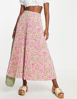 & Other Stories midi skirt in bright floral print plisse-Multi