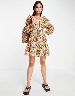& Other Stories mini smock dress with volume sleeves in autumnal floral-Multi