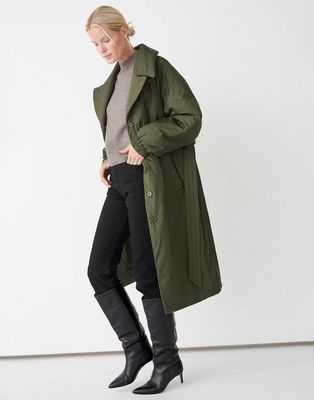 & Other Stories nylon belted padded coat in olive green - MGREEN