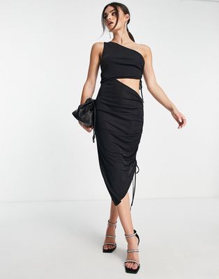 & Other Stories one shoulder cut out side midi dress in black
