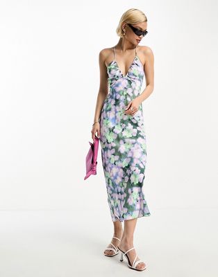 & Other Stories open back satin slip midi dress in purple floral