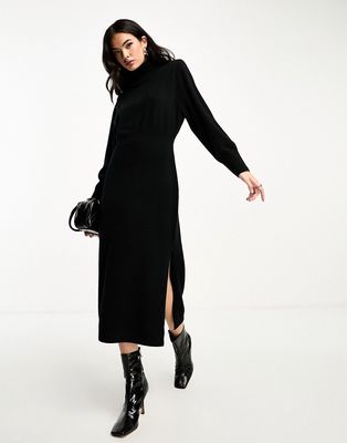 & Other Stories padded shoulder knit wool midaxi dress in black