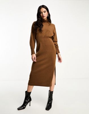 & Other Stories padded shoulder knit wool midaxi dress in brown