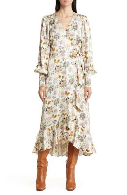 & Other Stories Paisley Ruffle Long Sleeve Satin Wrap Dress in Offwhite/Flower Print