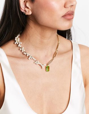 & Other Stories pearl and chain necklace with green stone pendant-Gold