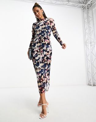 & Other Stories plisse mesh midi dress in blurred floral print-Multi