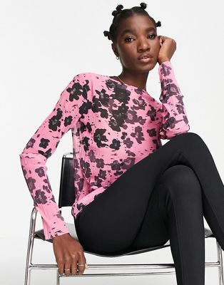 & Other Stories polyester long sleeve mesh top in pink floral print - PINK