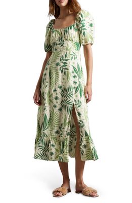 & Other Stories Print Puff Sleeve Linen Dress in Green Leafy Sienna Aop