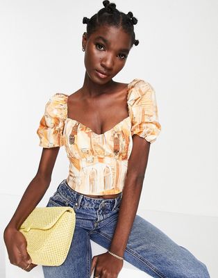 & Other Stories puff sleeve crop blouse in orange print