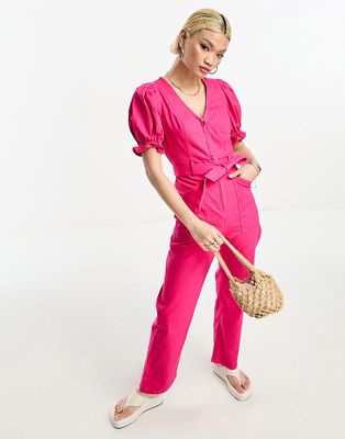 & Other Stories puff sleeve jumpsuit in pink