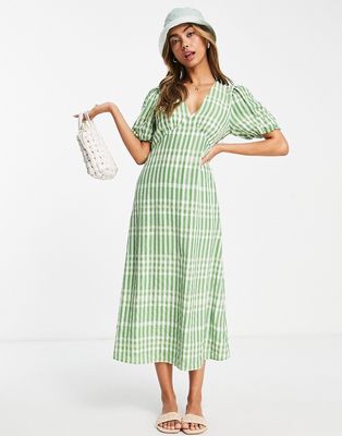 & Other Stories puff sleeve midi dress in green check print