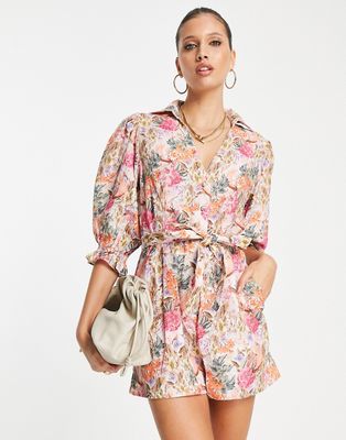 & Other Stories relaxed romper with tie waist and puff sleeves in floral linen-Multi