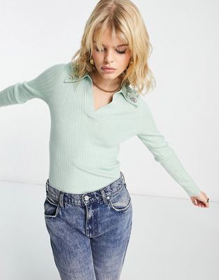 & Other Stories ribbed knit polo top with gem collar in mint-Green