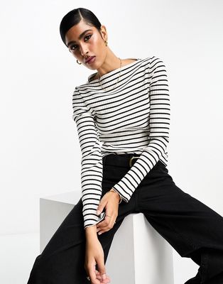 & Other Stories ribbed long sleeve boat neck top in off white and black stripe-Neutral
