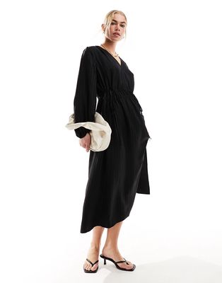 & Other Stories ruched midaxi dress with volume sleeves in black