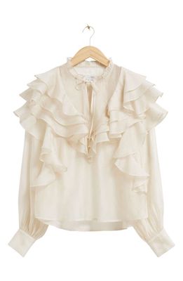 & Other Stories Ruffle Tie Neck Top in Offwhite