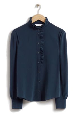 & Other Stories Ruffled Mulberry Silk Blouse in Navy
