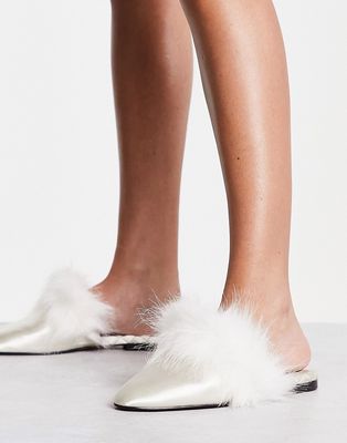 & Other Stories satin faux fur trim slip on shoes in off white