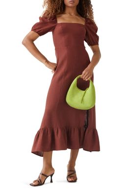 & Other Stories Smocked Puff Sleeve Linen Midi Dress in Rust