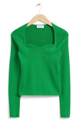 & Other Stories Sweetheart Neck Rib Wool & Cotton Top in Green