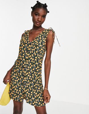 & Other Stories tie shoulder mini dress in lemon print-Multi