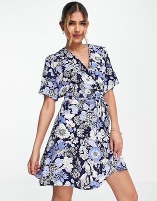 & Other Stories tie waist mini dress in floral print-Blue