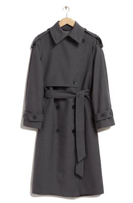 & Other Stories Tie Waist Recycled Wool Blend Double Breasted Trench Coat in Dark Grey