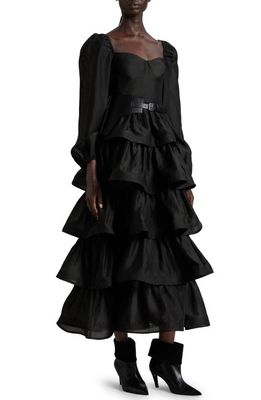 & Other Stories Tiered Skirt Long Sleeve Midi Dress in Black