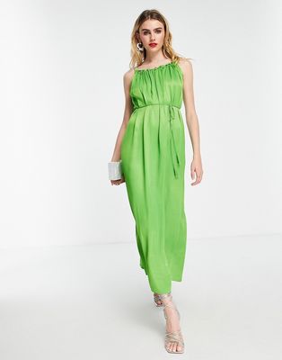 & Other Stories volume maxi cami dress with braided belt in crinkle satin-Green