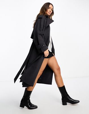 & Other Stories wool blend belted trench coat in dark gray