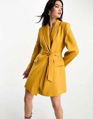 & Other Stories wool blend tie waist mini blazer dress in mustard-Yellow