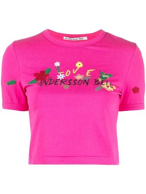 Andersson Bell embroidered logo-print cropped T-shirt - Pink