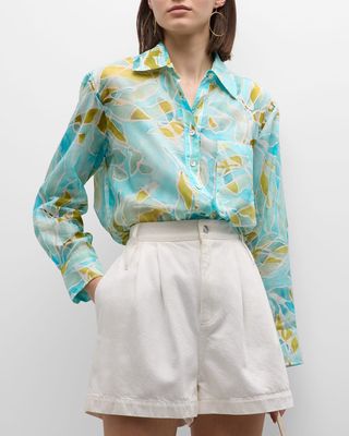 Andie Seaweed-Print Button-Down Cotton Shirt